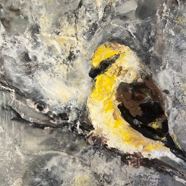 An encaustic painting of a yellow bird