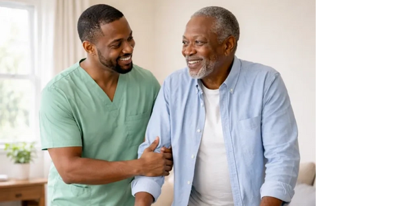 Nurse assisting elderly man with walker, both smiling warmly.