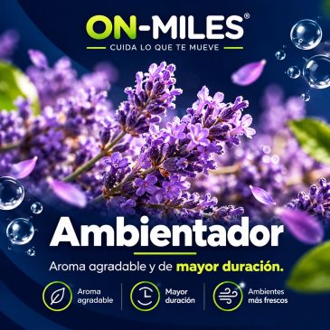 Publicidad de ambientador ON-MILES con aroma duradero y agradable.