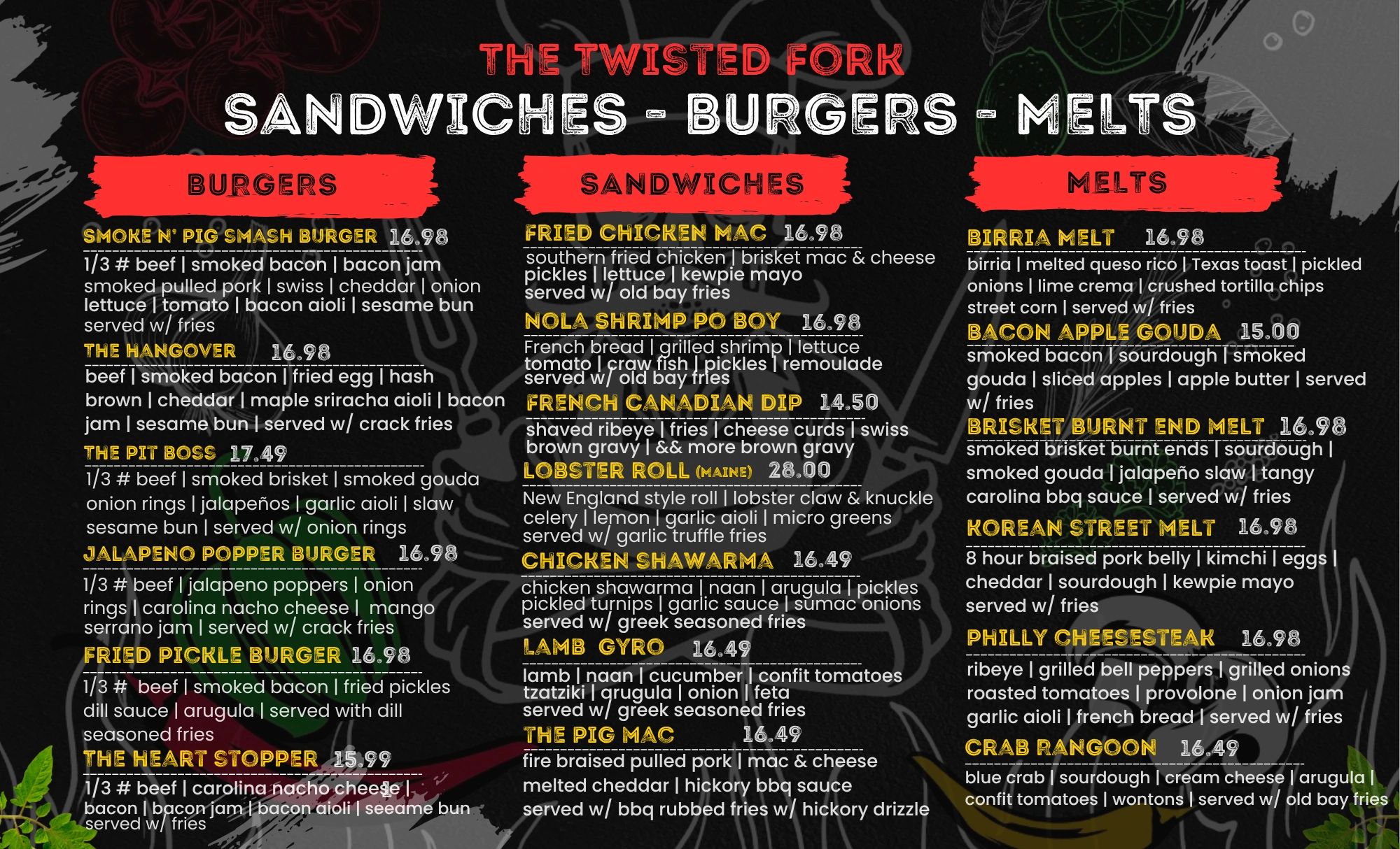 Menu of The Twisted Fork featuring burgers, sandwiches, and melts.