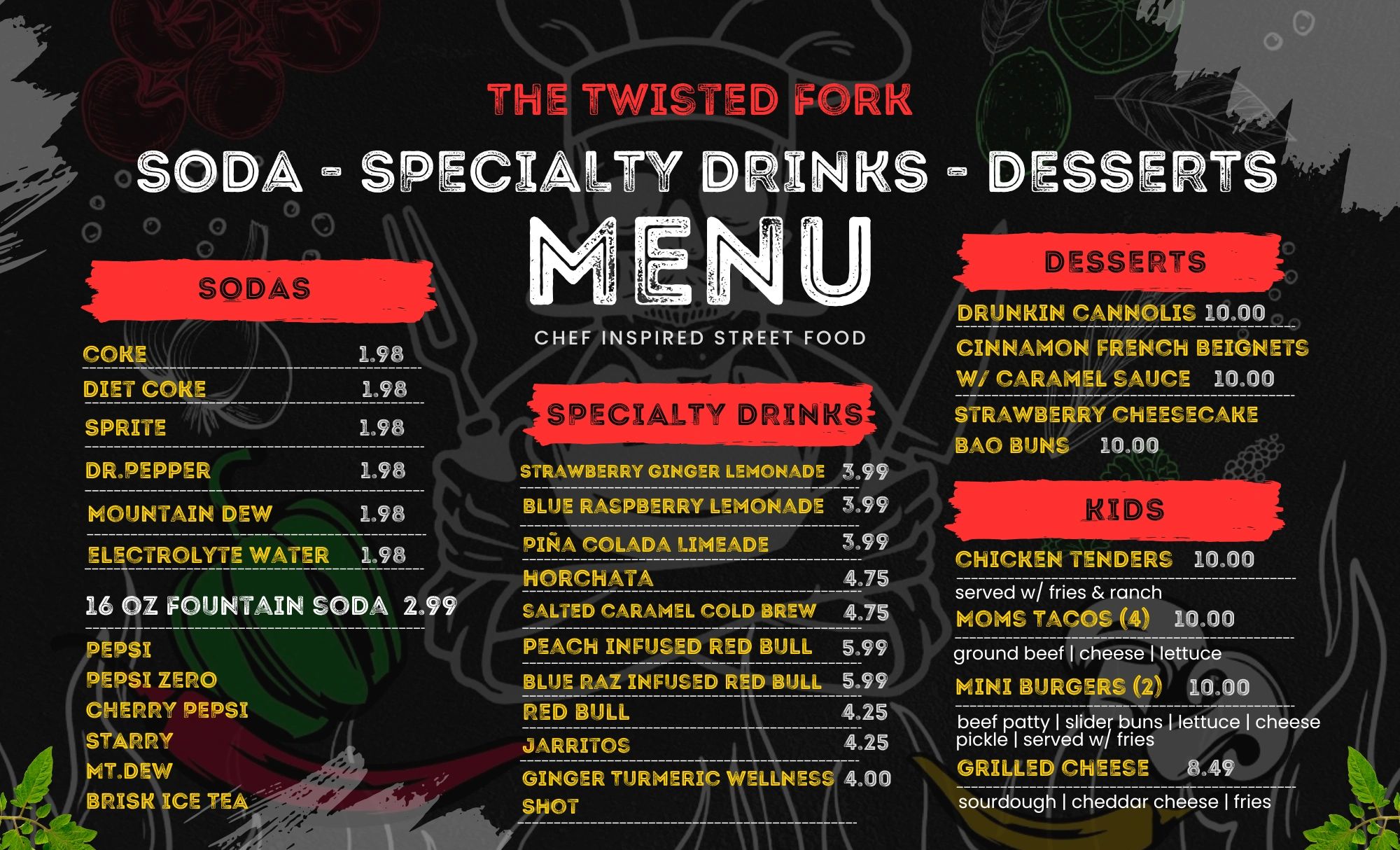 Menu featuring sodas, specialty drinks, desserts, and kids' meals.