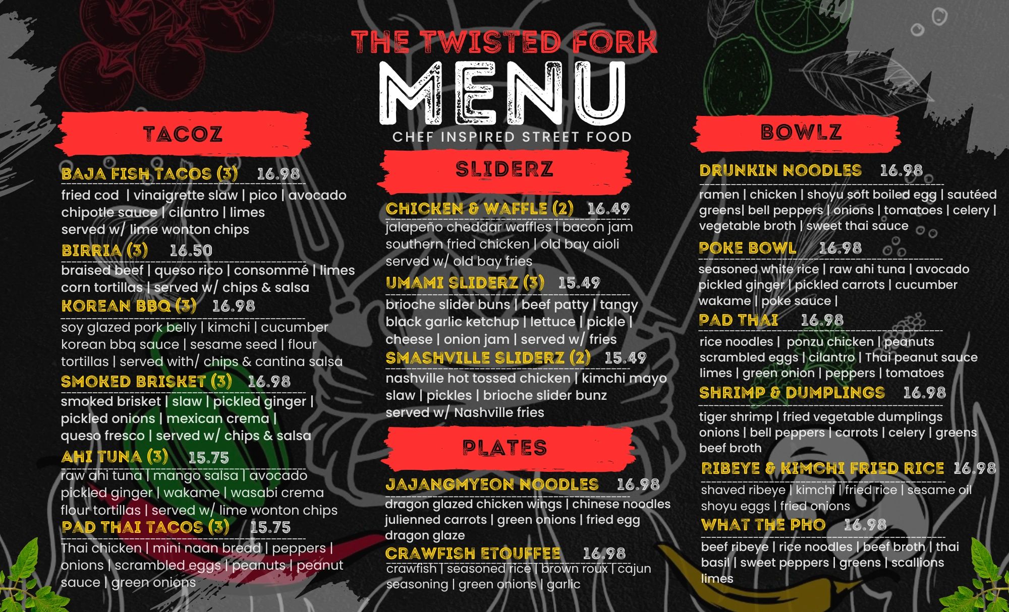 Menu of The Twisted Fork with tacos, sliders, bowls, and plates.