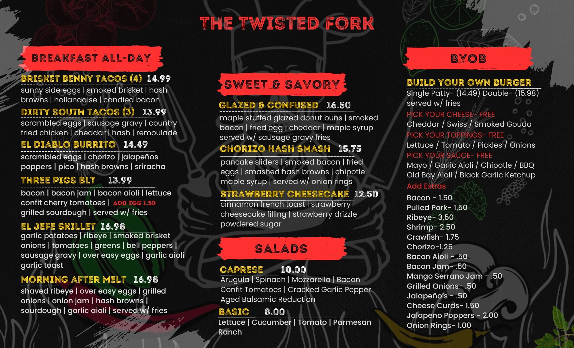 Menu sections: Breakfast All-Day, Sweet &amp; Savory, Salads, BYOB Build Your Own Burger with various options.