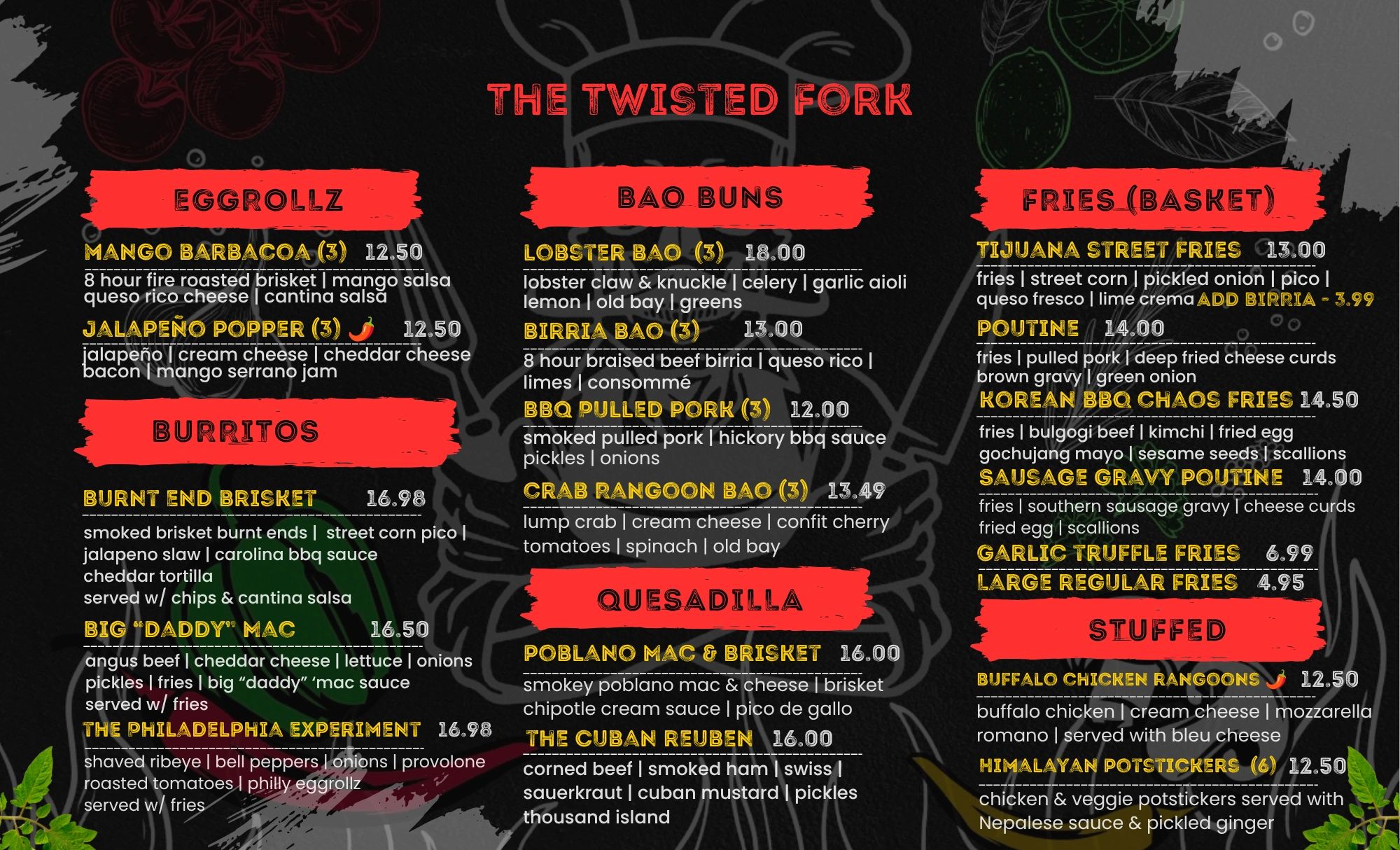 Restaurant menu featuring eggrollz, burritos, bao buns, quesadillas, fries, and stuffed items with prices and descriptions.