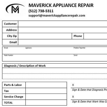 Invoice template for Maverick Appliance Repair with customer and service details.