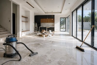 Empty modern room under renovation with cleaning tools.