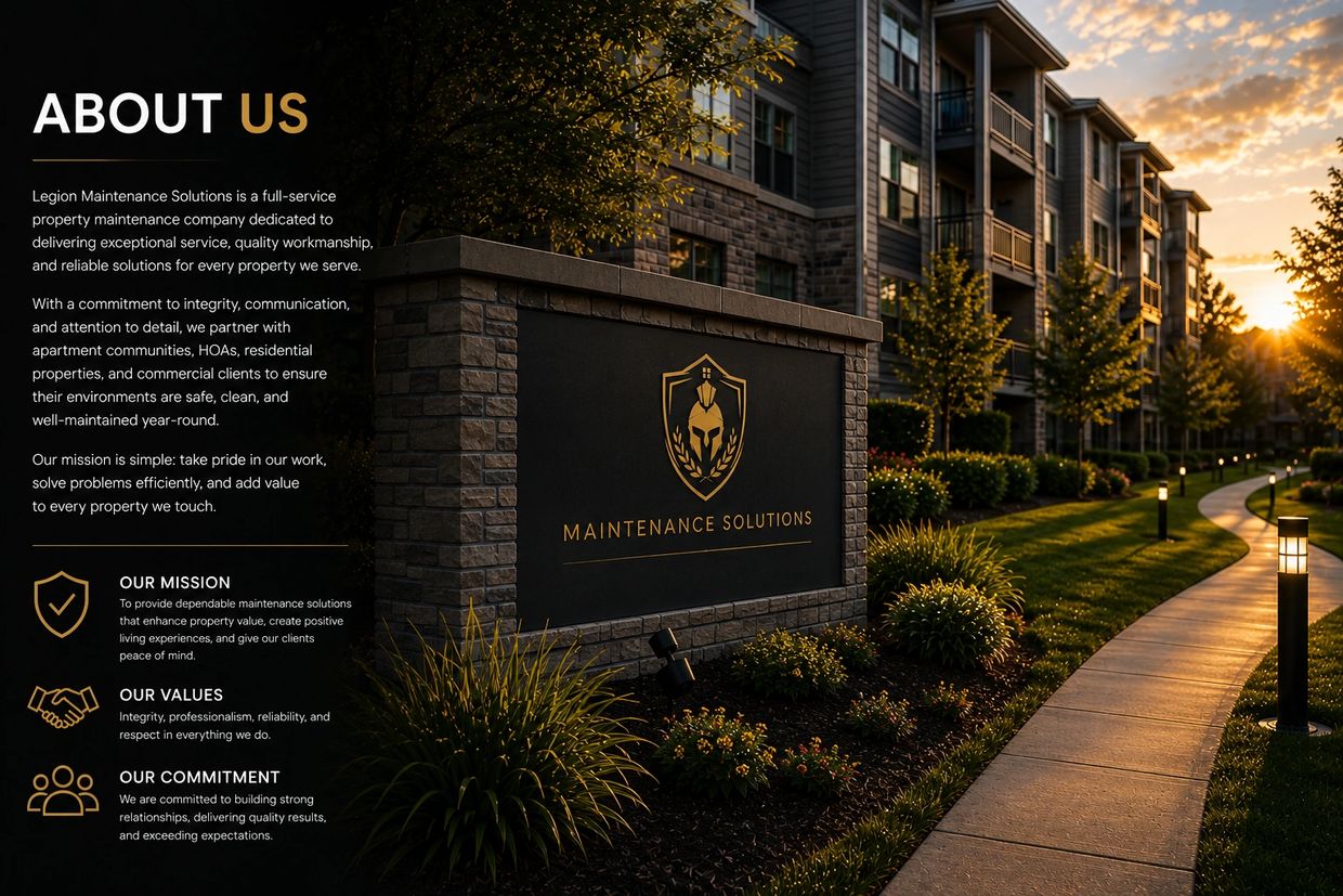Sunset view of a well-maintained apartment complex with a Maintenance Solutions sign.