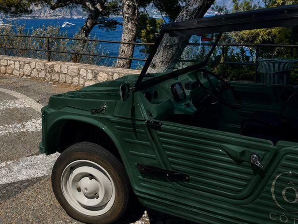 Green jeep parked near a waterfront with trees.