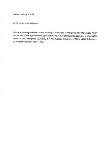 Notice of public meeting to discuss water and sewer rate increases in Morganza, Louisiana.