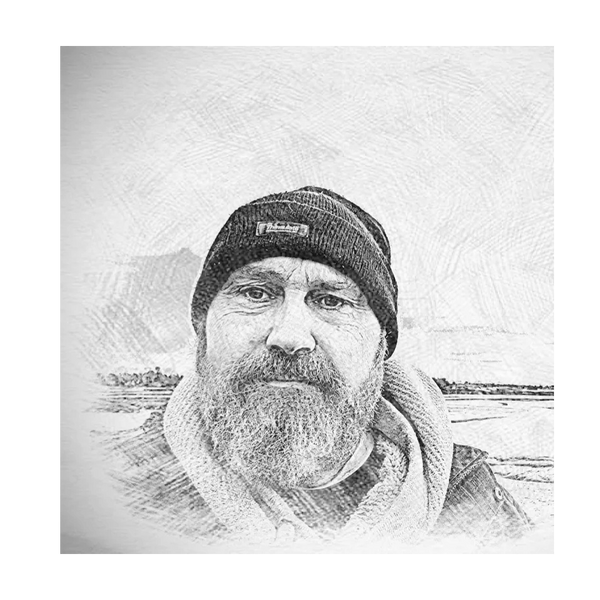 Artistic pencil sketch of a bearded man wearing a beanie and layered clothing outdoors.