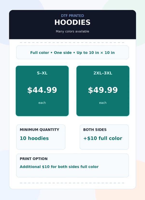 Pricing details for DTF printed hoodies in various sizes and print options.