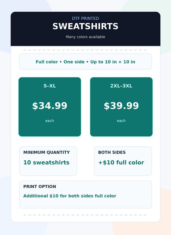 Price list for DTF printed sweatshirts with size options and color printing details.