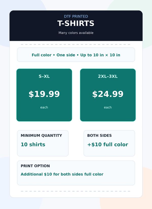 Price list for DTF printed T-shirts with size and print options.