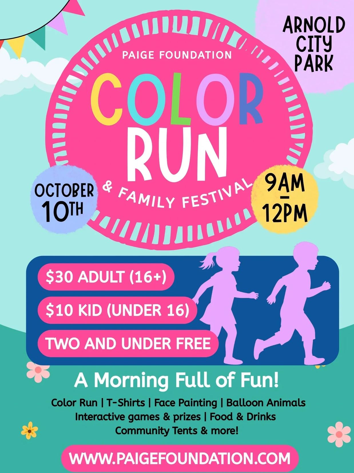 Color Run &amp; Family Festival at Arnold City Park on October 10th, 9AM-12PM.