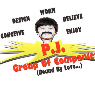 Logo of P.J. Group of Companies with a child's face and motivational words.