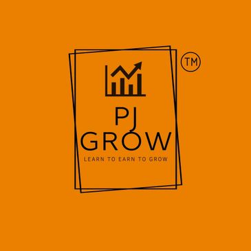 Logo of PJ Grow with growth chart and tagline on orange background.