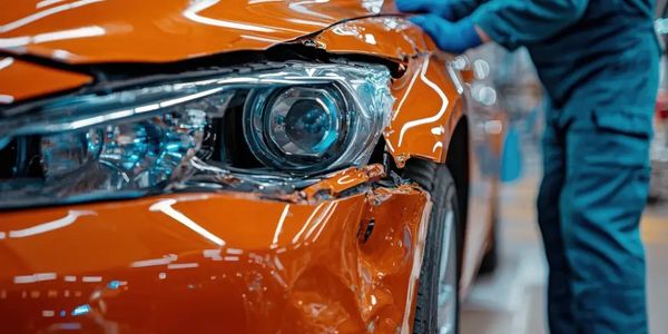 Close-up of damaged orange car front with person inspecting it.