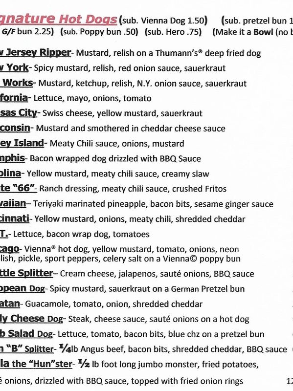 Menu listing various signature hot dogs with unique toppings and prices.