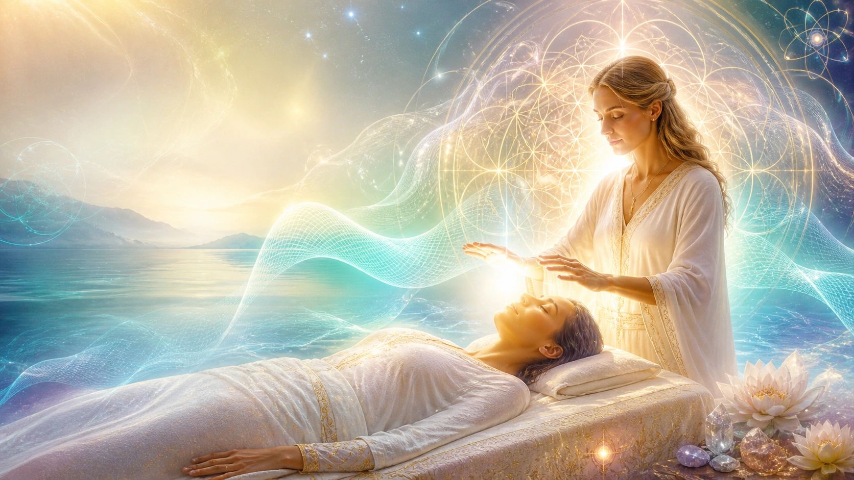 A spiritual healing session with radiant energy and serene ambiance.