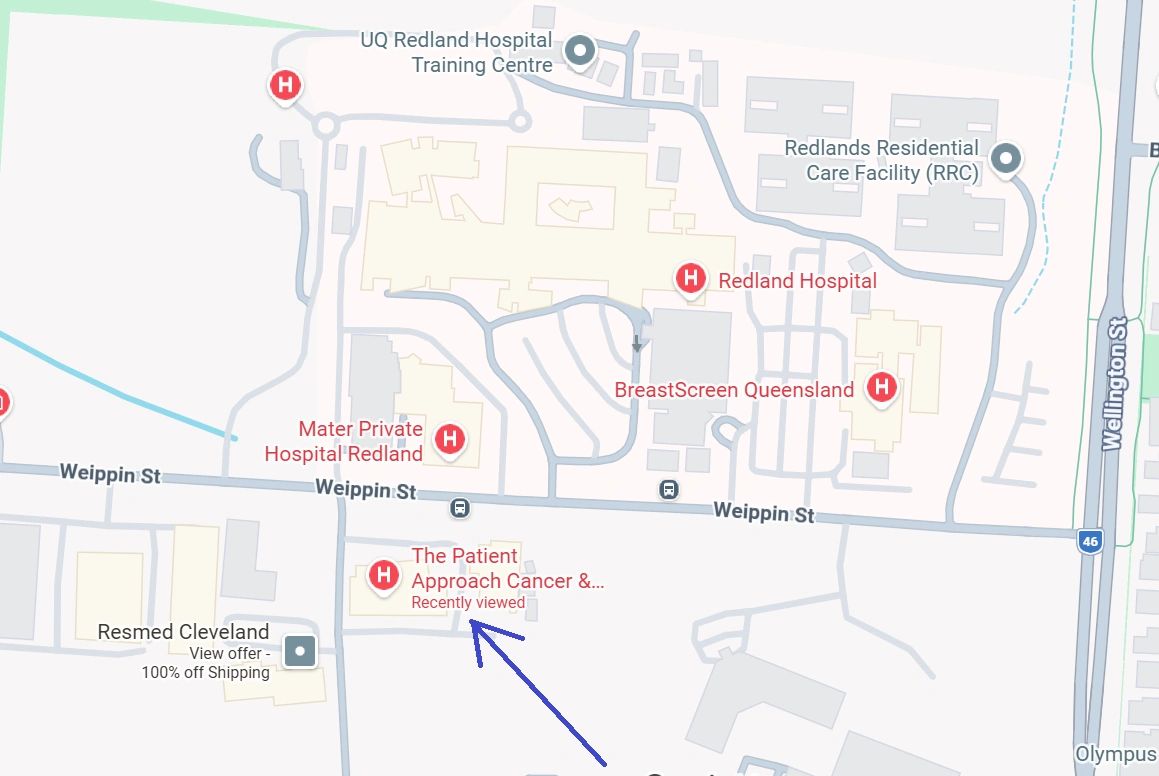 Map showing hospitals and medical facilities around Weippin St and Wellington St.