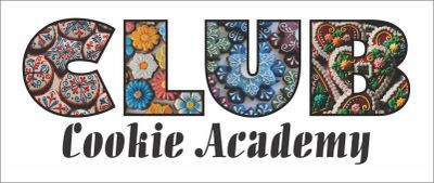 Colorful floral designs fill the letters in "CLUB Cookie Academy" logo.