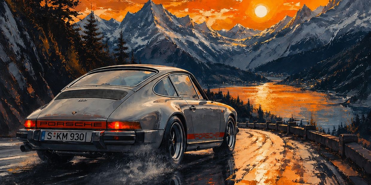 Classic Porsche on a winding mountain road at sunset.
