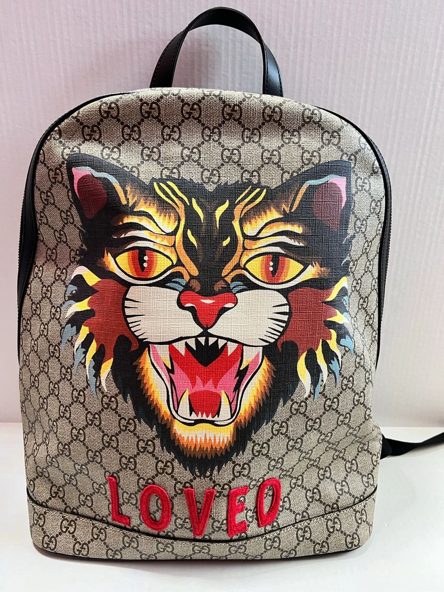 Gucci Supreme Loved Angry Cat Beige Gg Canvas Backpack