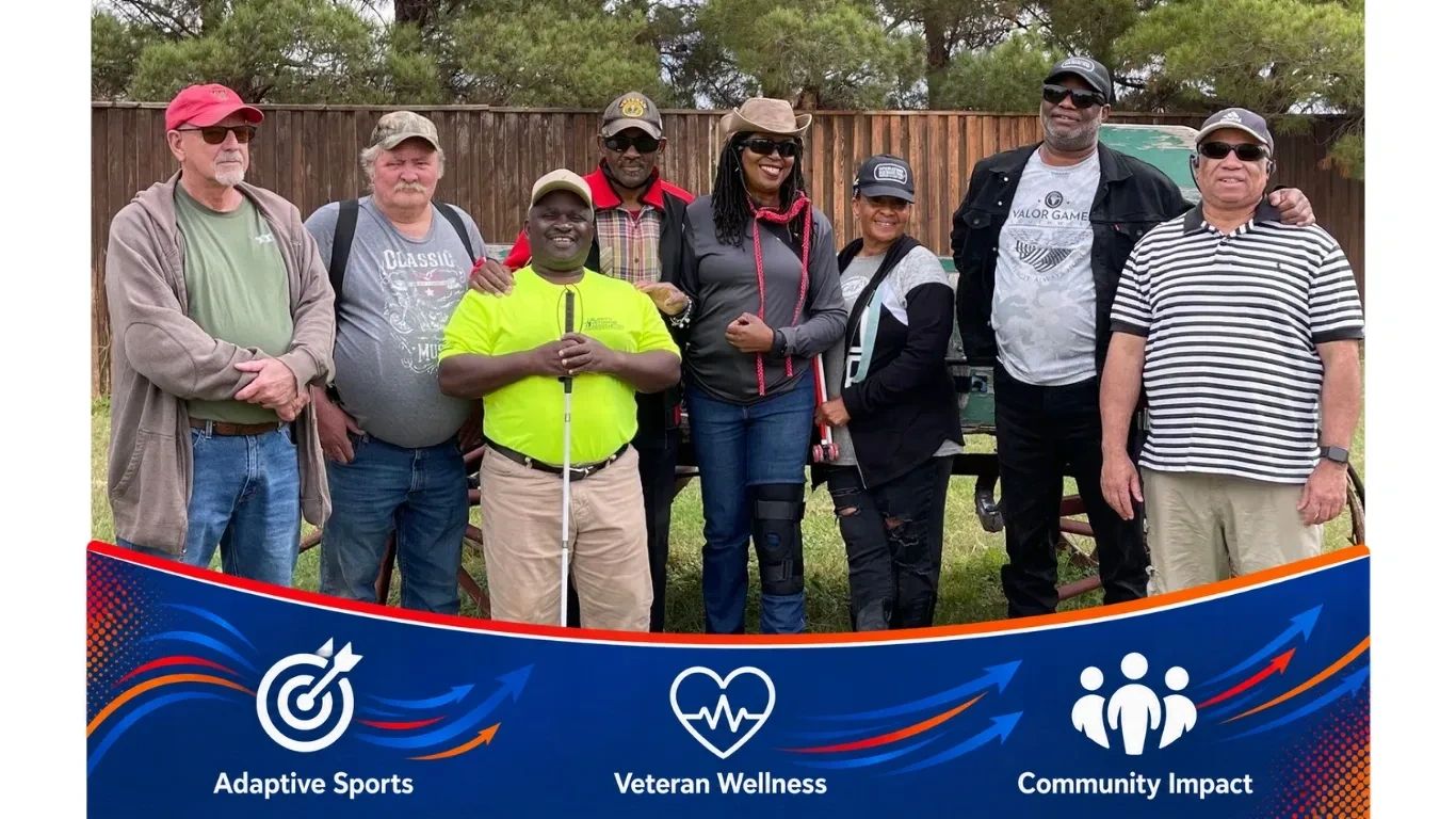 Group photo of diverse adults promoting veteran wellness and adaptive sports.