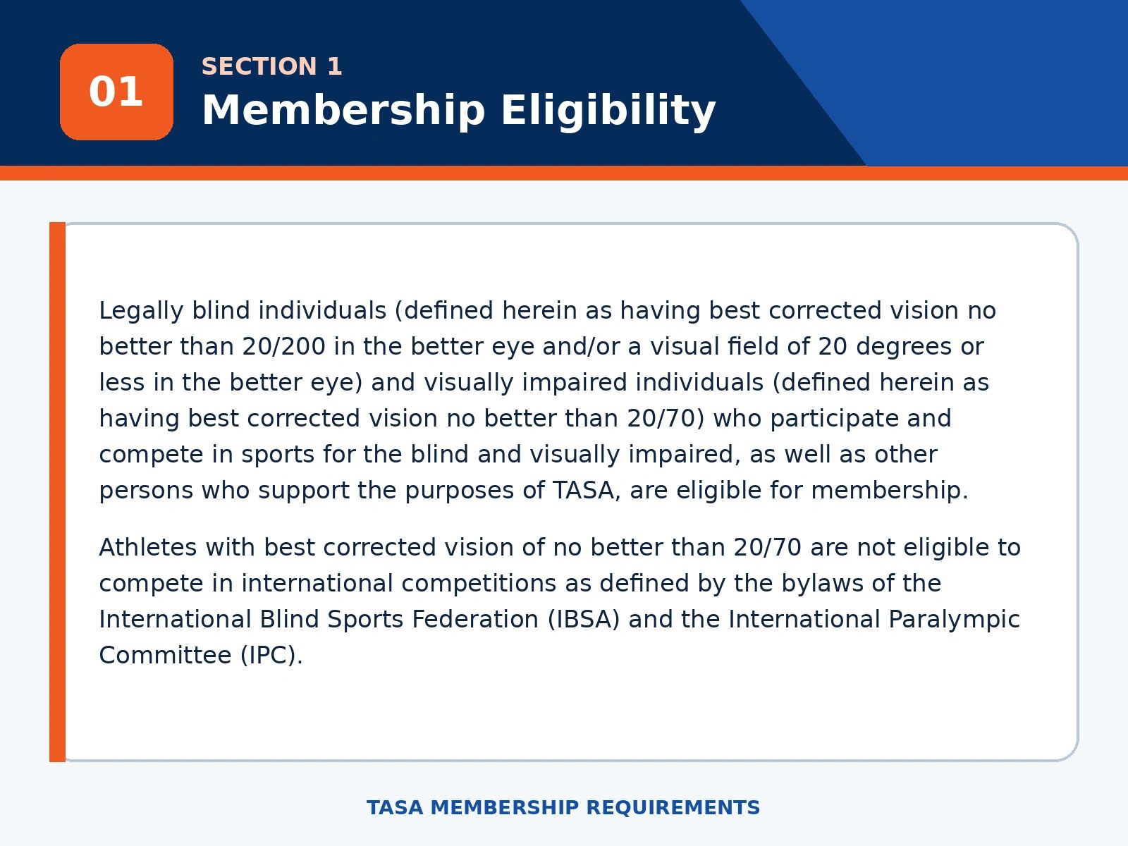 Eligibility criteria for TASA membership based on vision impairment levels.