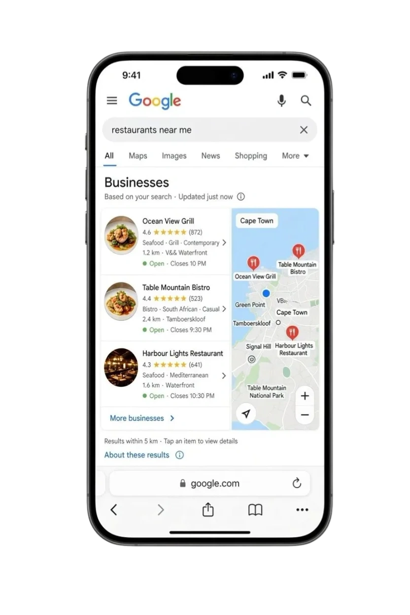 Google search results for nearby restaurants on a smartphone.