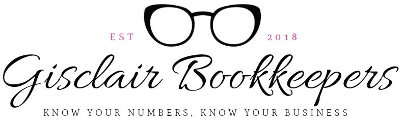 Logo for Gisclair Bookkeepers with eyeglasses and tagline.