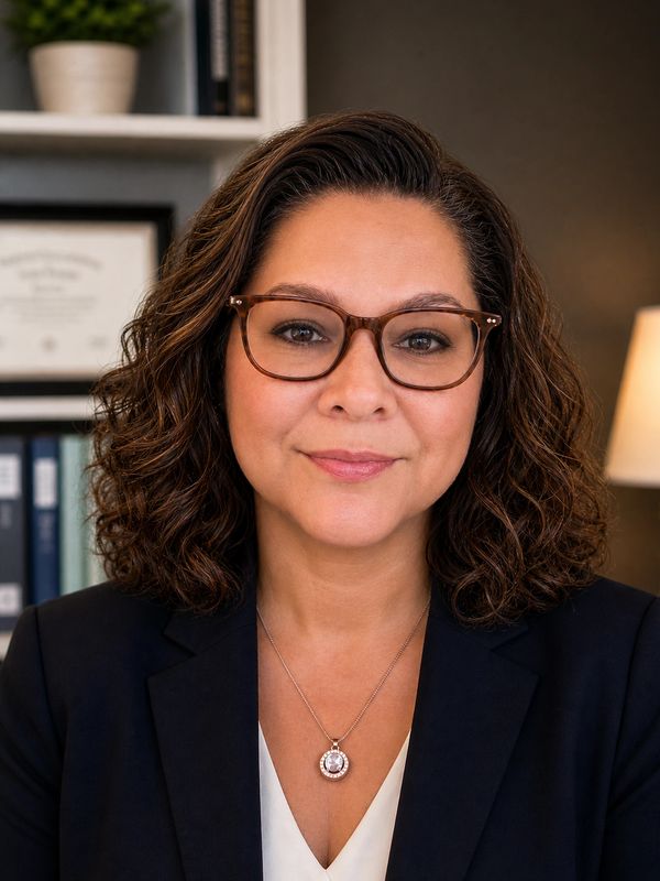 Confident woman with glasses in professional attire smiles warmly.
