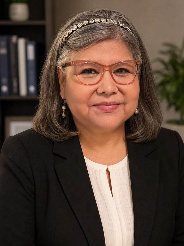 Smiling mature woman with glasses and a decorative headband in a professional setting.