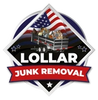 Logo for Lollar Junk Removal with American flag and truck illustration.