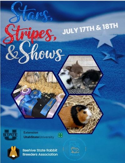 Event poster featuring rabbits, guinea pig, ribbons, and patriotic theme for July 17-18.