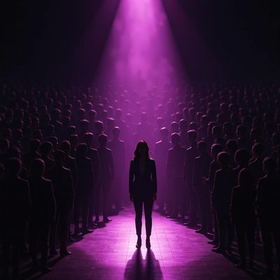 A person stands alone under a purple spotlight surrounded by many shadowy figures.
