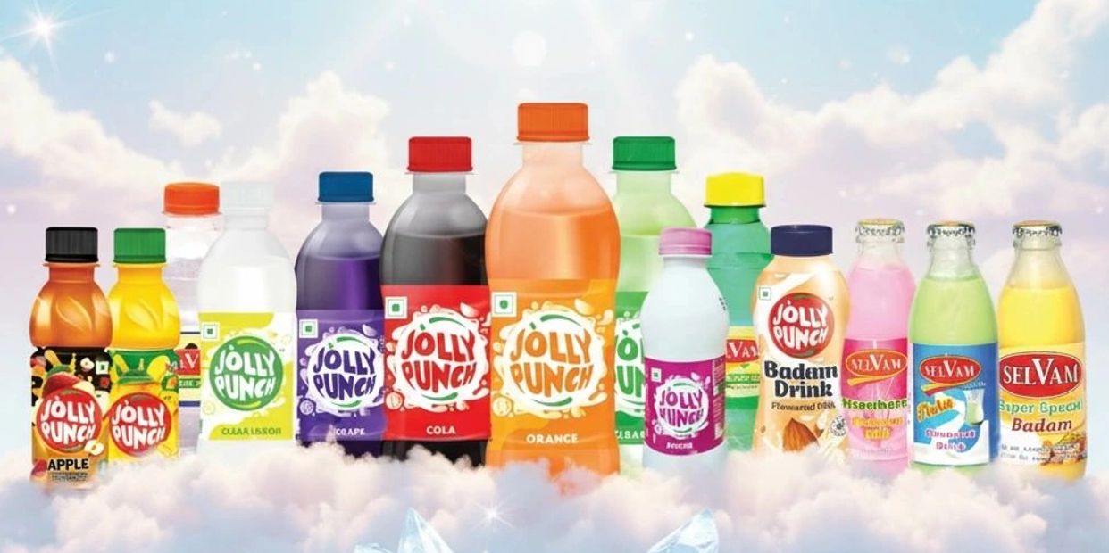 A lineup of colorful Jolly Punch and Selvan drink bottles on clouds with an ice water reflection.
