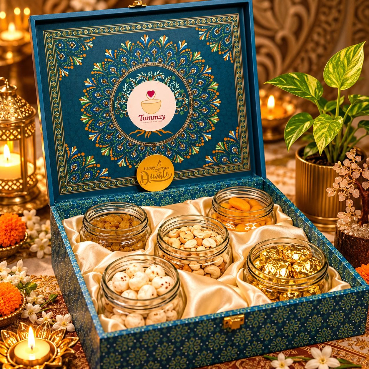 Decorative gift box with snacks for Diwali.