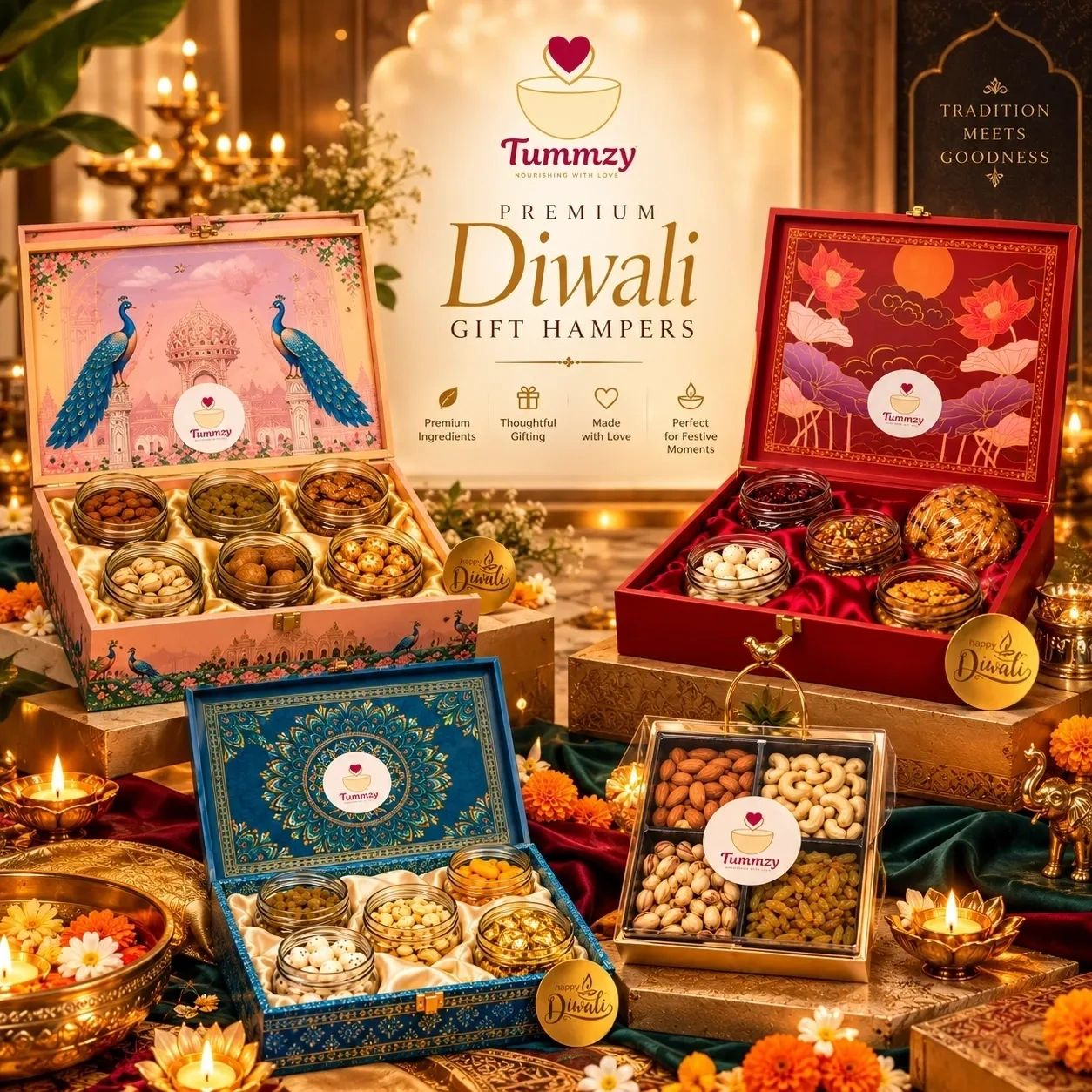 Premium Diwali gift hampers with assorted nuts and sweets.