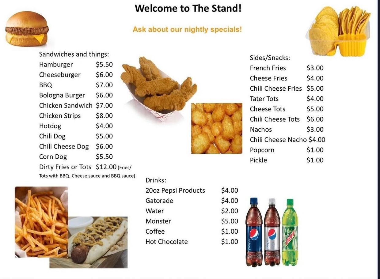 Menu with sandwiches, sides, and drinks including burgers, fries, tater tots, and beverages.