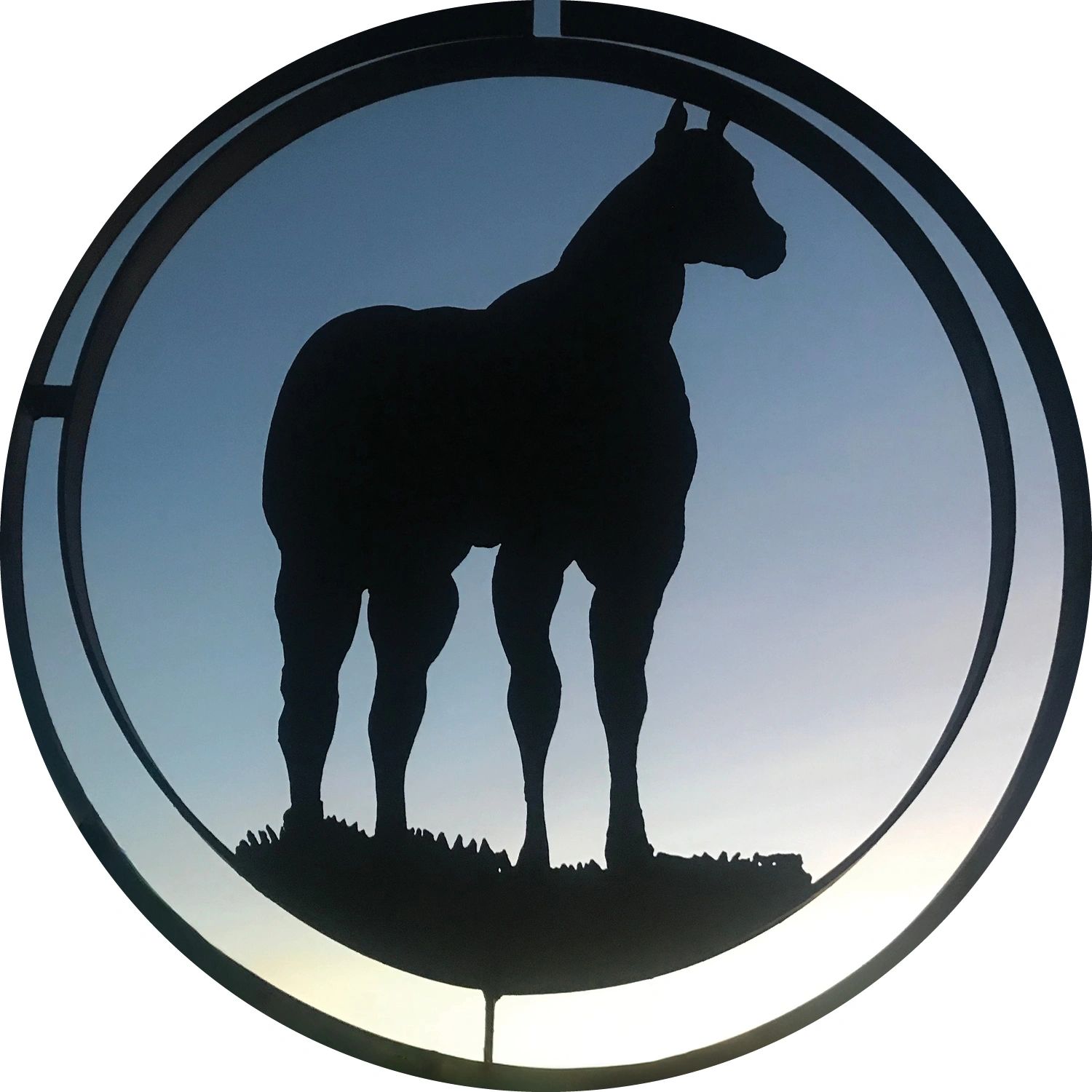 Silhouette of a horse inside a circular frame against the sky.