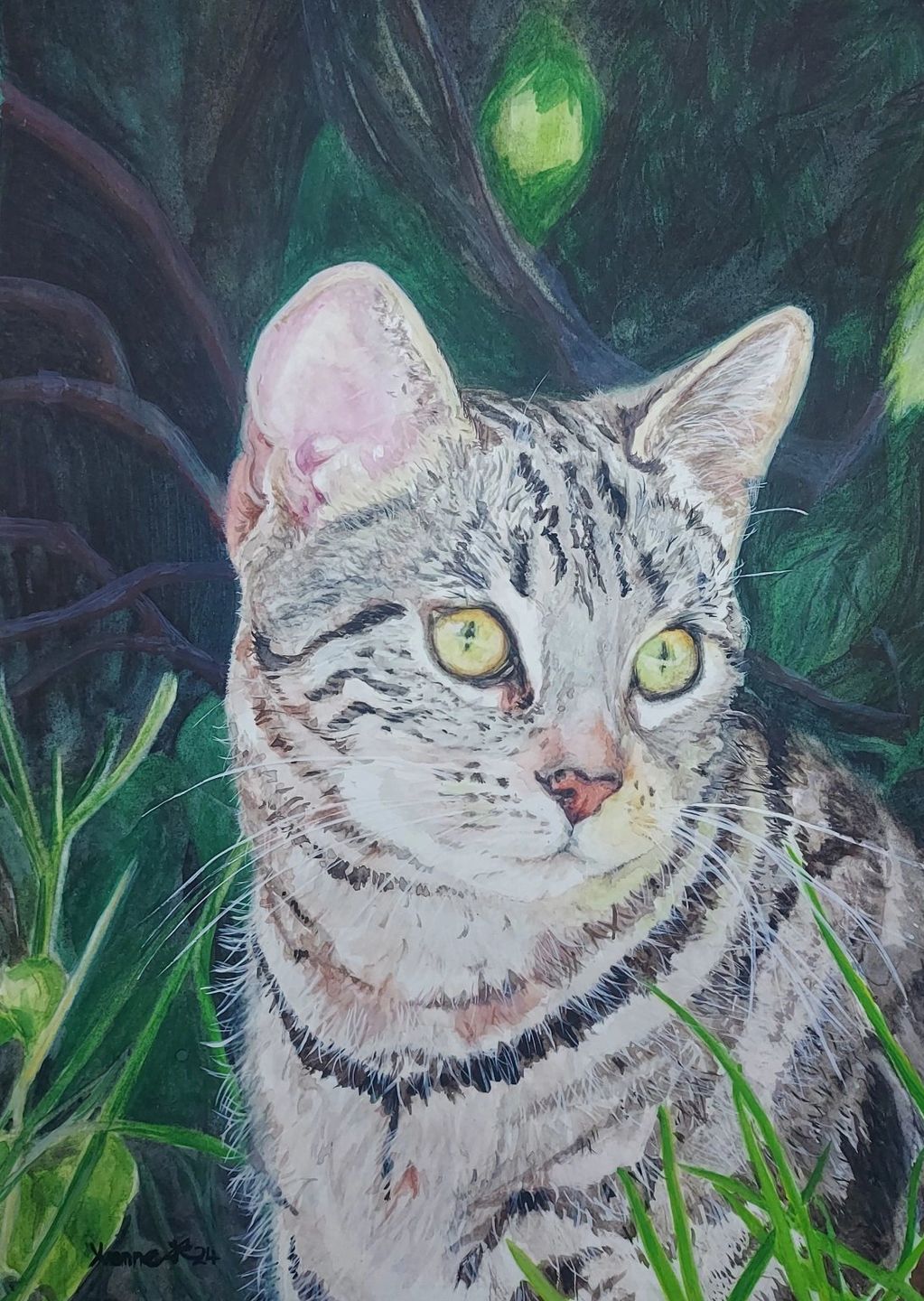 Inktense and watercolour of stripy pet cat surrounded by greenery. Pet cat portrait with golden eyes