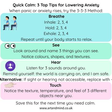 Infographic of top 3 tips to lower anxiety. Inhale, hold, exhale. See, hear 3 things. Or touch.