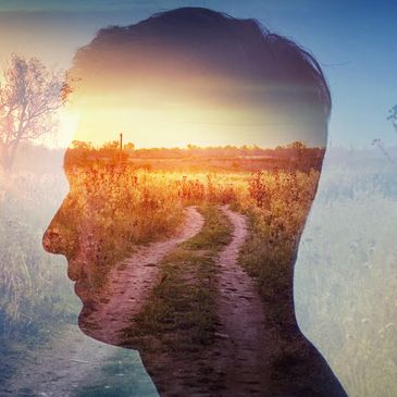 Country lane with a golden sunrise over fields and trees with a mans face in profile superimposed. S