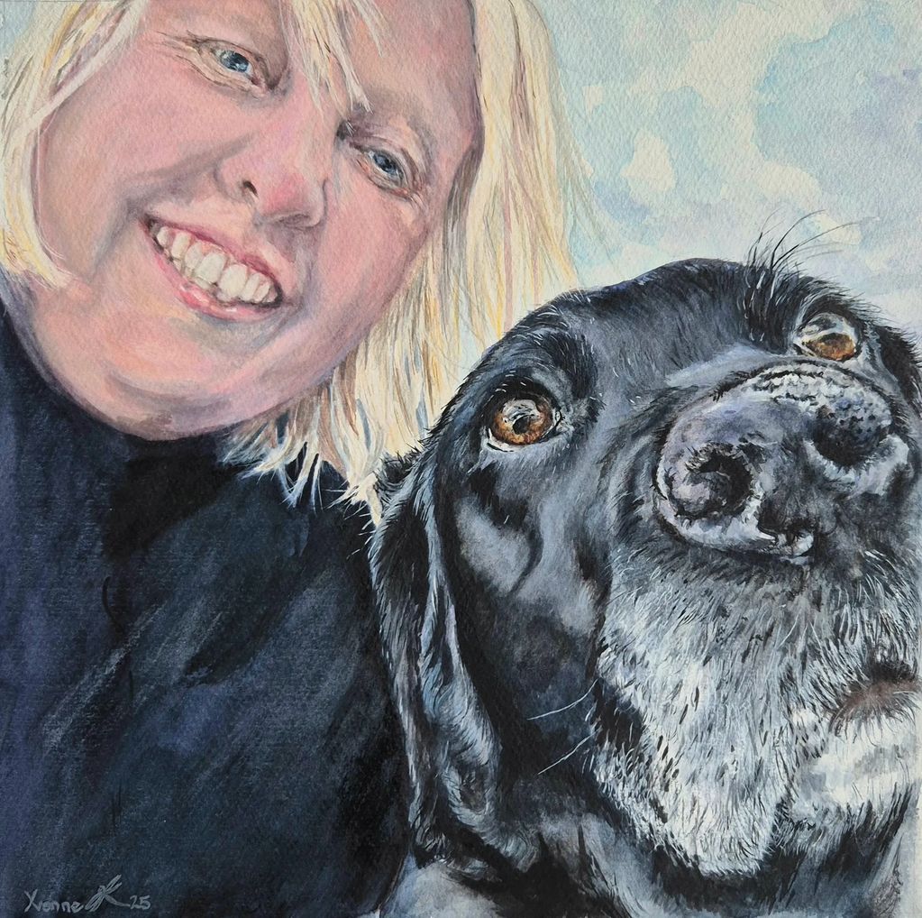 Watercolour of a smiling lady with her black Labrador dog. Faces close up looking at the viewer.