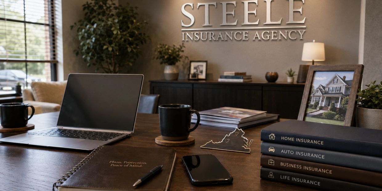 Insurance agency office desk with laptop, coffee mug, and insurance books.