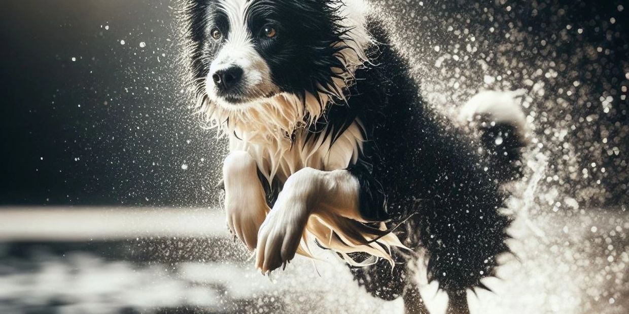 Border collie jumping on dock at the lake