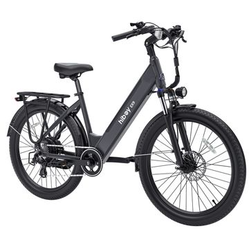 Black electric bicycle with fat tires and rear rack.
