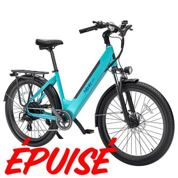 Blue electric bike with black accents and "ÉPUISÉ" text.
