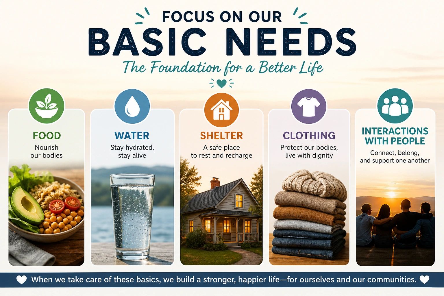 Focus on basic needs: food, water, shelter, clothing, and social interactions for a better life.